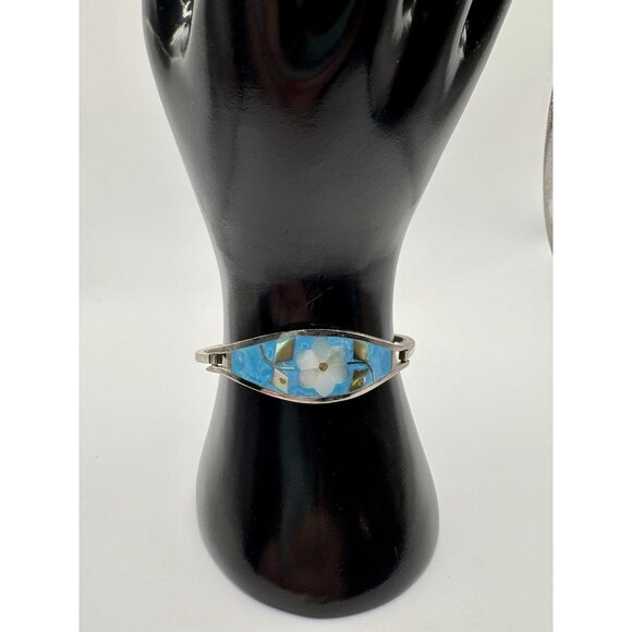 Vintage Alpaca Mexico Bracelet Abalone Shell MOP Inlay Blue White Flower - Picture 1 of 5